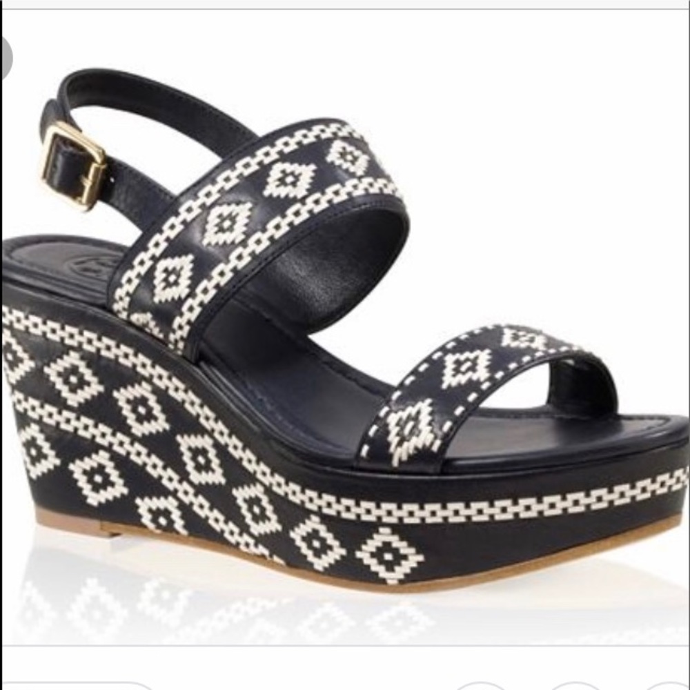 Tory Burch Navy W/White Detailing Reena Wedge-7.5